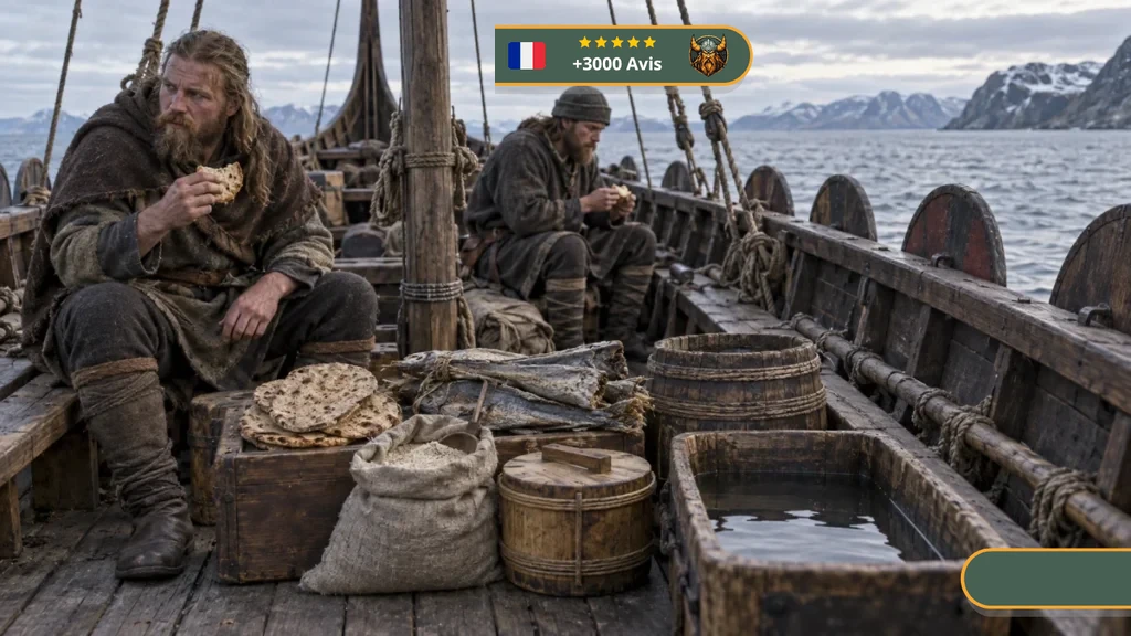 Marins vikings mangeant du pain à bord, près de poisson séché, farine et récipients d’eau
