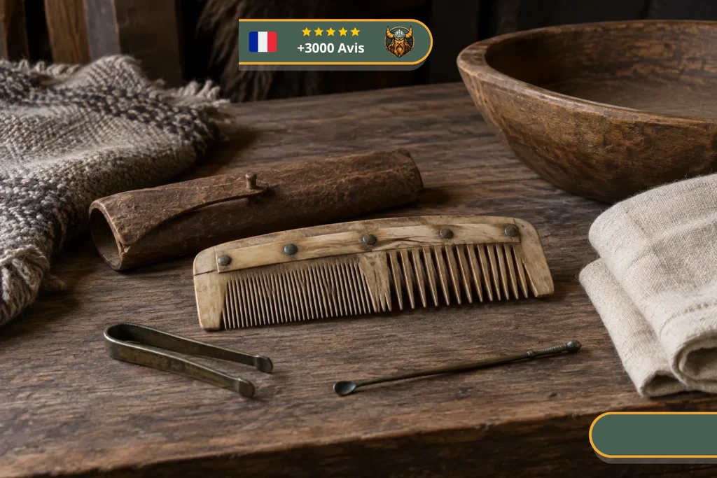 Peigne riveté, pince, cure-oreille, bassine et textiles sur une table en bois