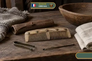 Peigne riveté, pince, cure-oreille, bassine et textiles sur une table en bois