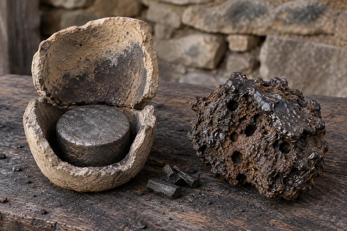 Lingot d'acier dans un creuset cassé à côté d'une loupe de fer poreuse