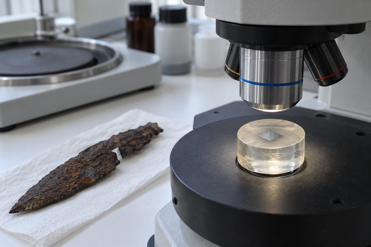 Coupe de lame de fer polie enrobée de résine sous un microscope métallographique