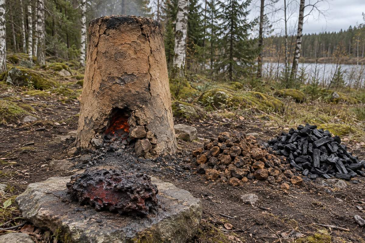 Bas fourneau viking en argile avec loupe de fer, minerai des marais et charbon