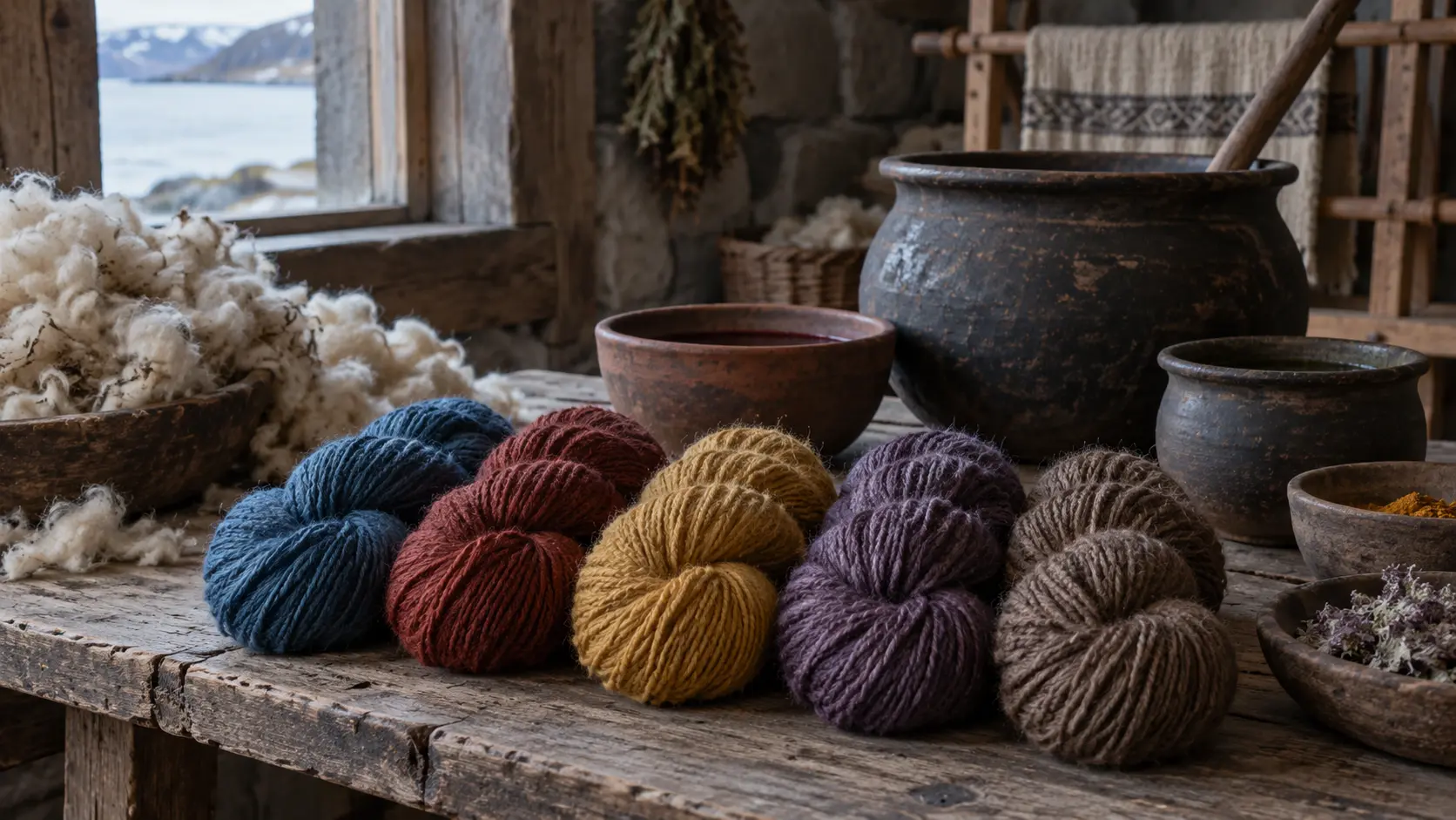 Écheveaux de laine aux cinq couleurs emblématiques des teintures textiles vikings
