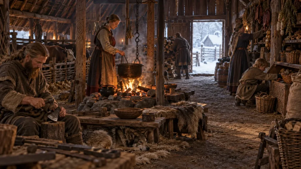 Travaux et réserves dans une ferme viking pendant l'hiver