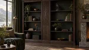 Bibliothèque sombre et élégante décorée sur le thème de la mythologie nordique