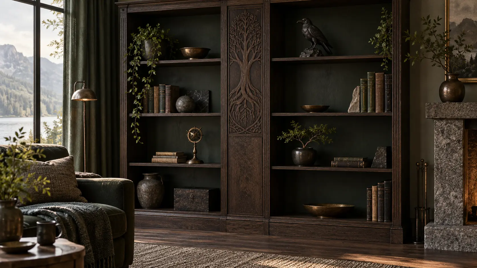 Bibliothèque sombre et élégante décorée sur le thème de la mythologie nordique