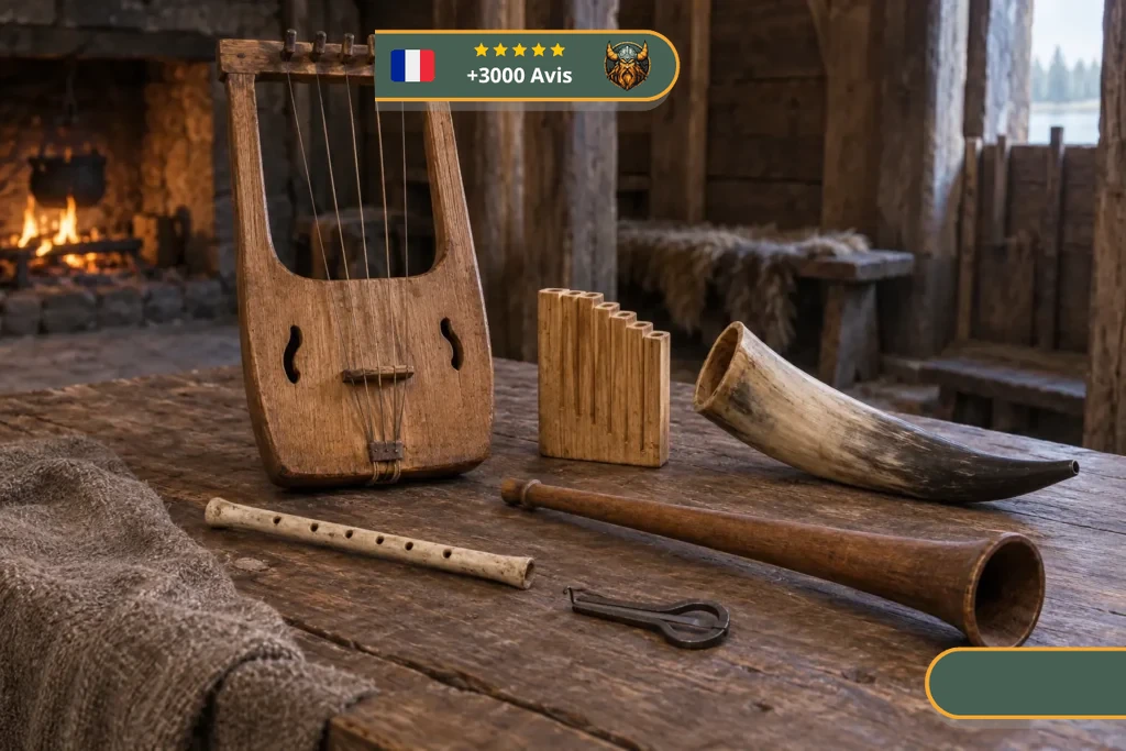 Lyre, flûte en os, évocation de syrinx, corne, lur en bois et guimbarde disposés dans une salle viking reconstituée.