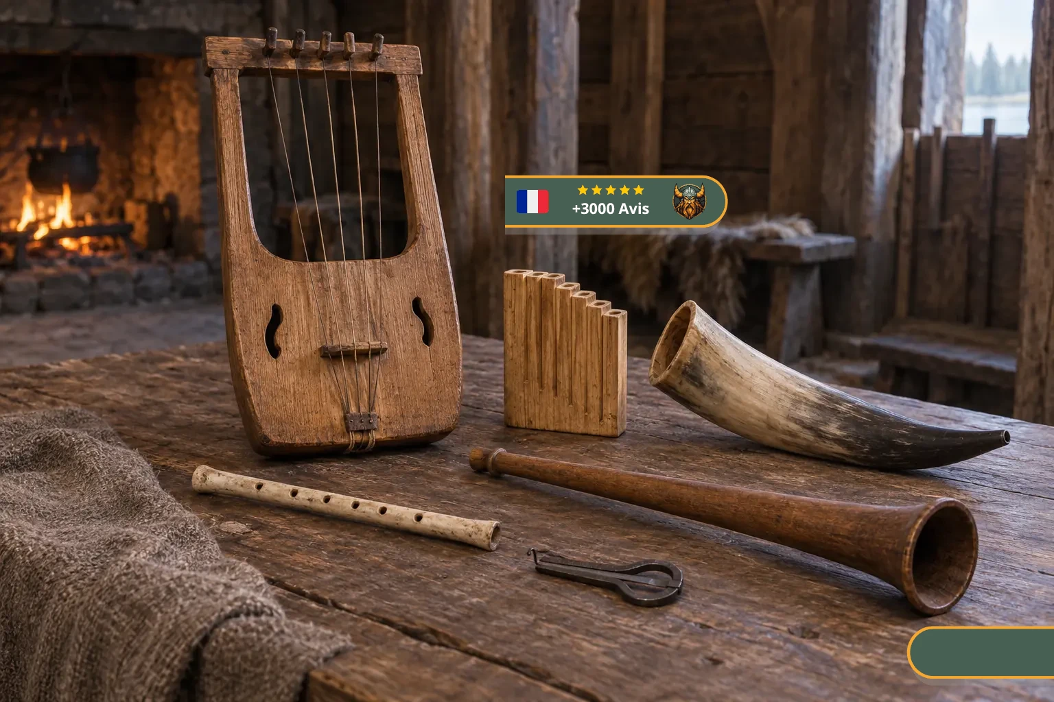 Lyre, flûte en os, évocation de syrinx, corne, lur en bois et guimbarde disposés dans une salle viking reconstituée.