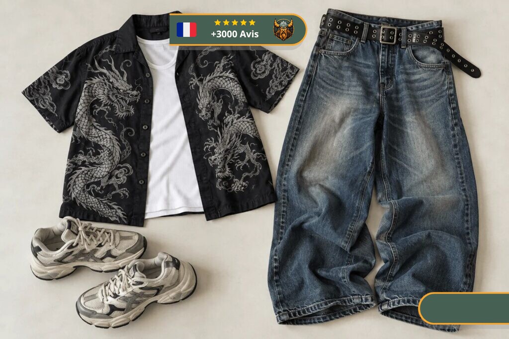 Chemise bleue à motif de dragon brodé sur le devant, portée ouverte sur un t-shirt clair